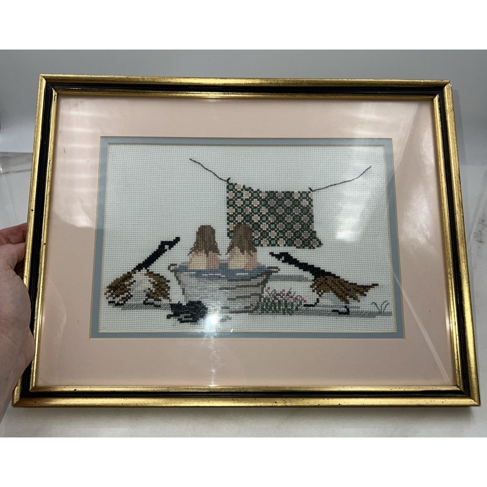 DIANE GRAEBNER Counted Cross Stitch Framed Bath Girls Ducks